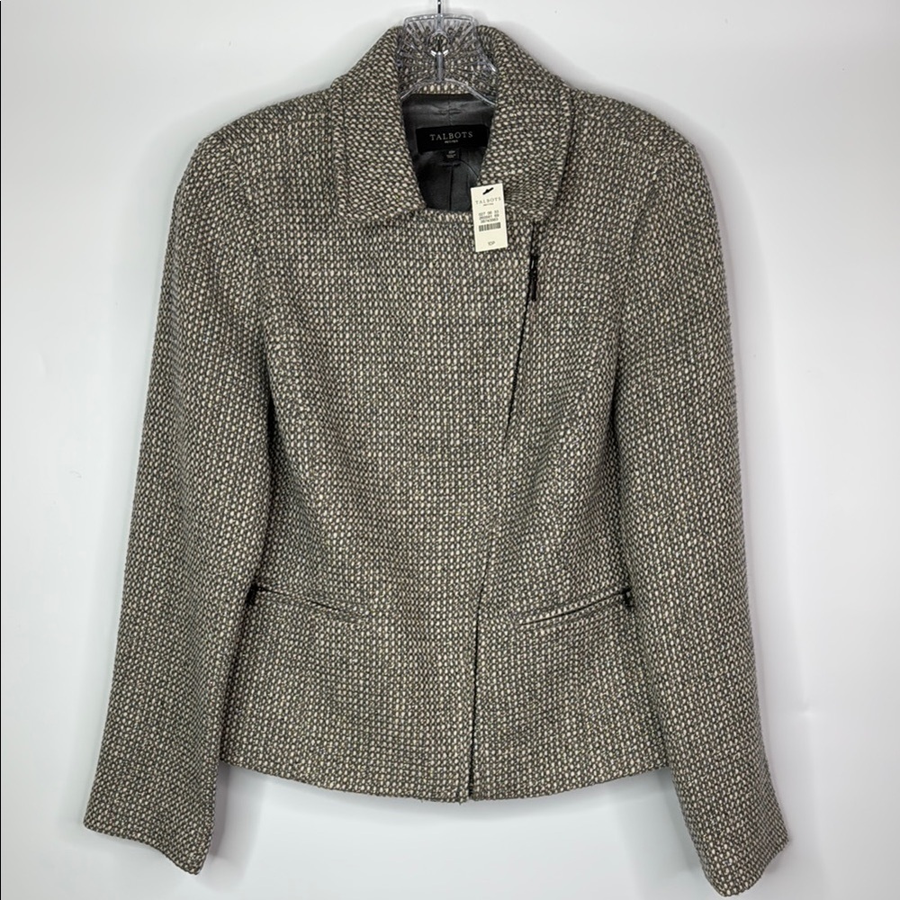 Talbots Zip Up Gray Cream Silver Blazer Jacket Size 10P NWT